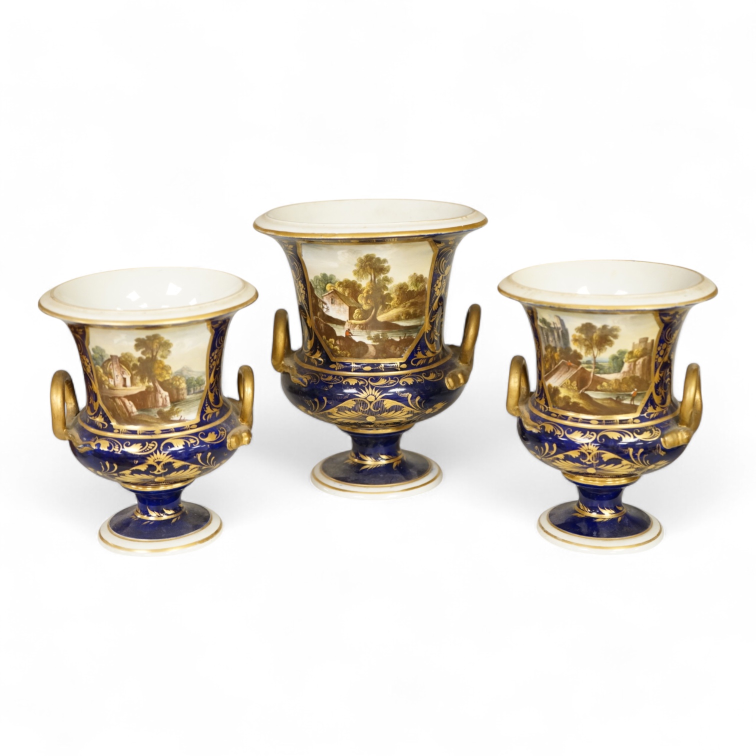 A set of three Derby campana vases, painted with named views, circa 1820, tallest 20.5cm